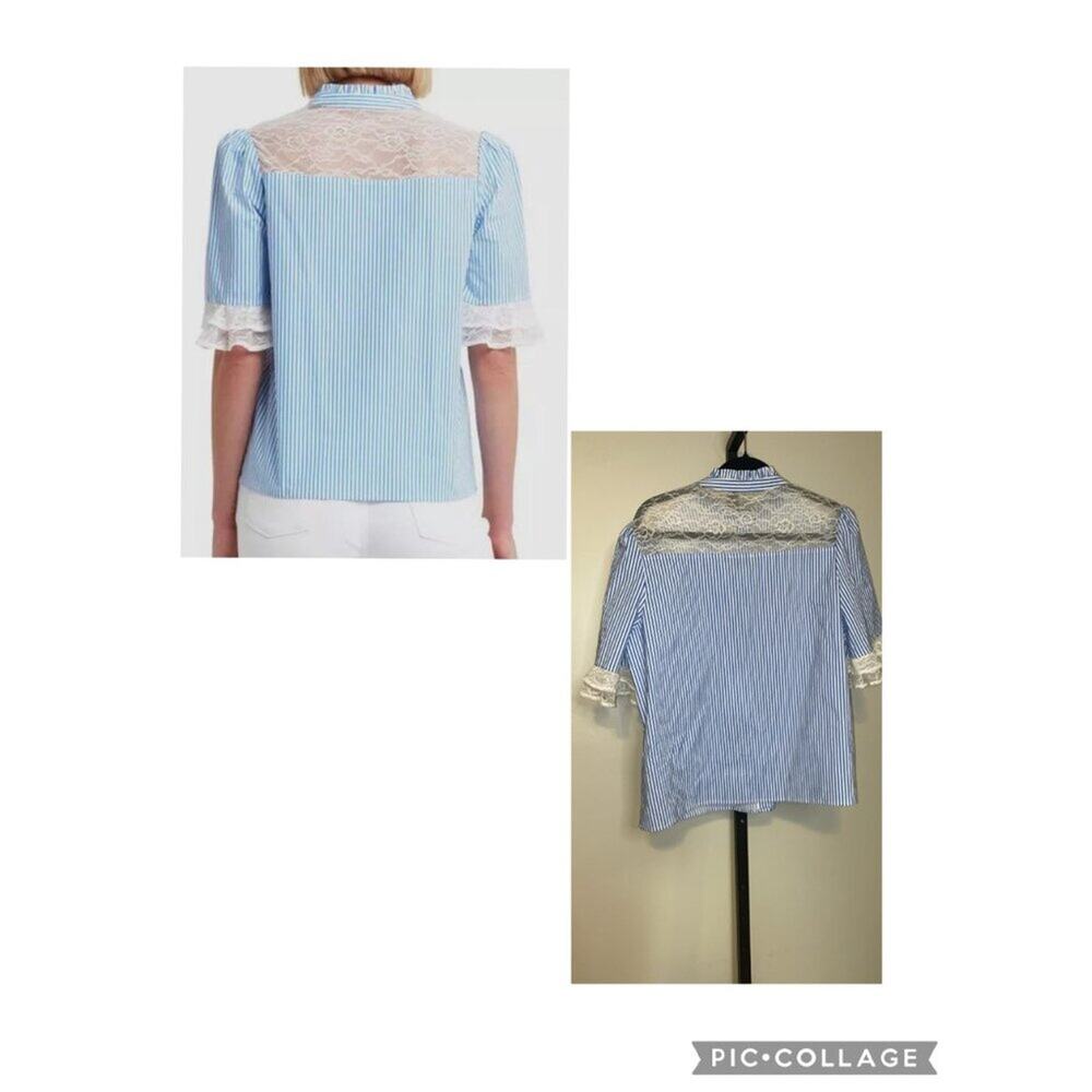 Halston Women Blue Striped Stretch Poplin Lace-Trimmed Blouse Top - Picture 2 of 9